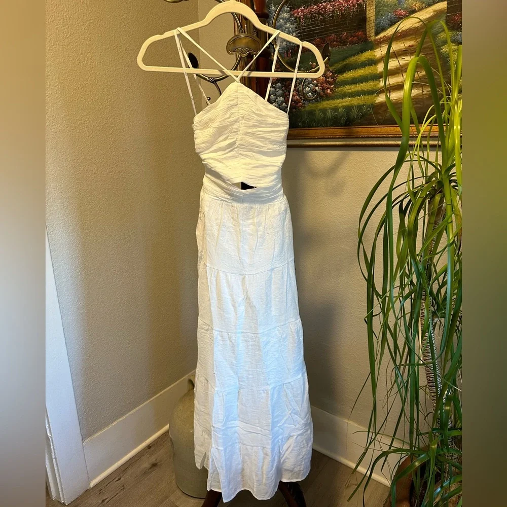 Effortless Sweetness White Ruched Lace-Up Tiered Midi Dress - Picture 6 of 8
